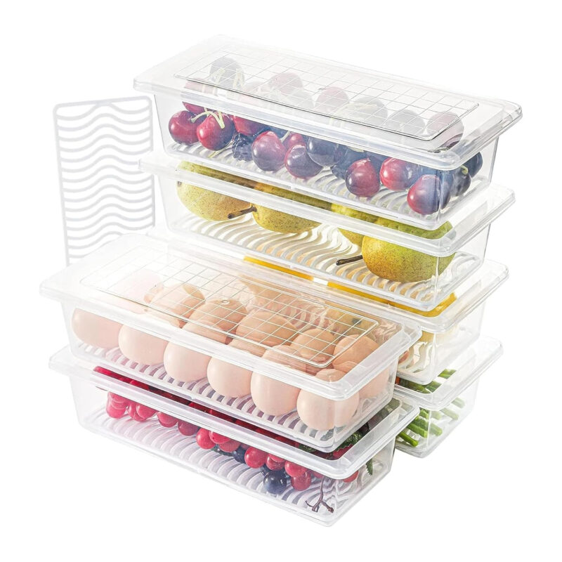 6-Pack 1500ML Transparent Fridge Organizer Boxes with Removable Drain Plate & Secure Lids