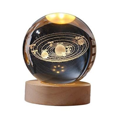 3D Saturn Crystal Ball Night Light – LED Galaxy Planet Lamp with Wooden Base