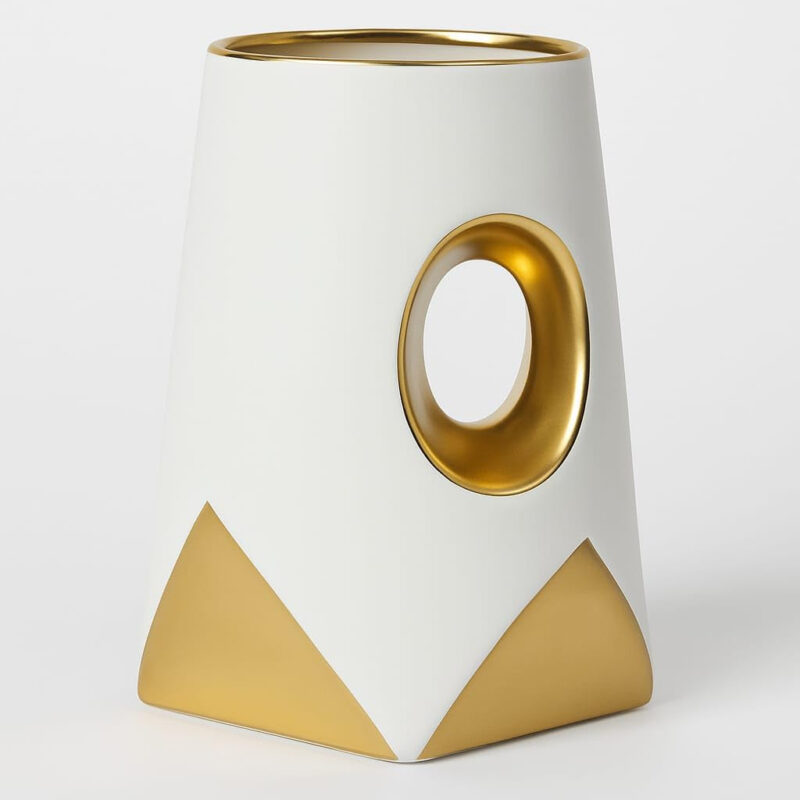 DevaDecor Modern Ceramic Vase with Geometric Design, White and Gold Finish, Decorative Home Accent