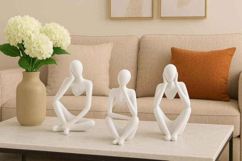 ASW Abstract Thinker Sculpture Set, White Resin Decorative Figurines, Modern Art Home Decor, 3-Piece