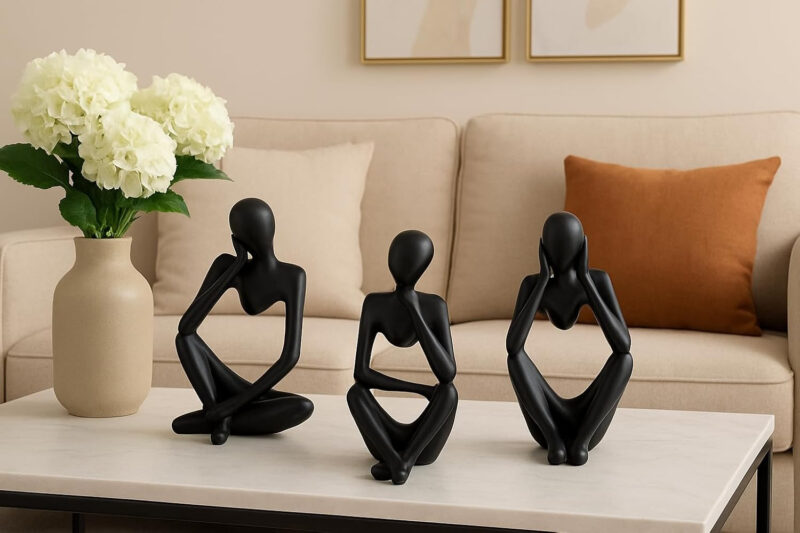 ASW Abstract Thinker Sculpture Set, Modern Black Resin Figurines, Contemporary Home Decor, 3-Piece
