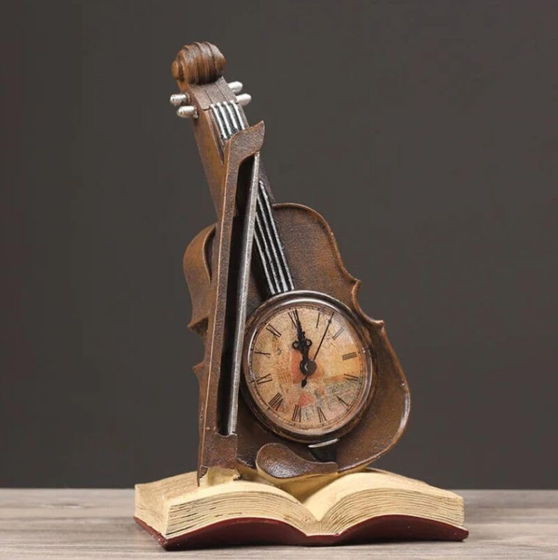 ASW Violin-Shaped Decorative Clock, Resin Book Stand Design, 15.5 x 11.5 x 26 cm, Vintage Brown