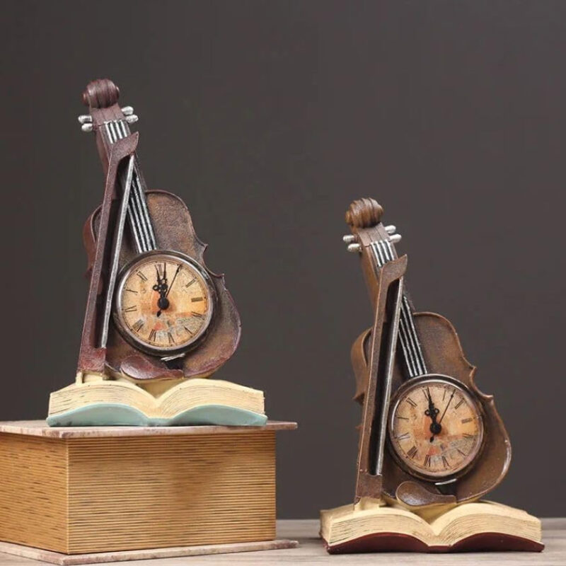 ASW Violin-Shaped Decorative Clock, Resin Book Stand Design, 15.5 x 11.5 x 26 cm, Vintage Brown - Image 2