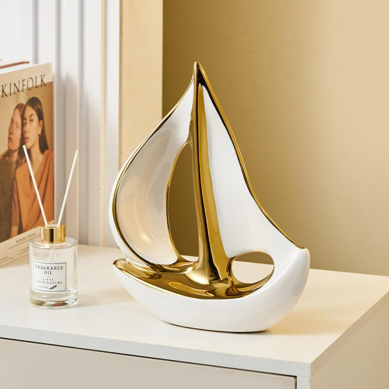 ASW Modern Sailboat Sculpture, White and Gold, Decorative Boat Figurine, 63.5x21.6x78.7 cm
