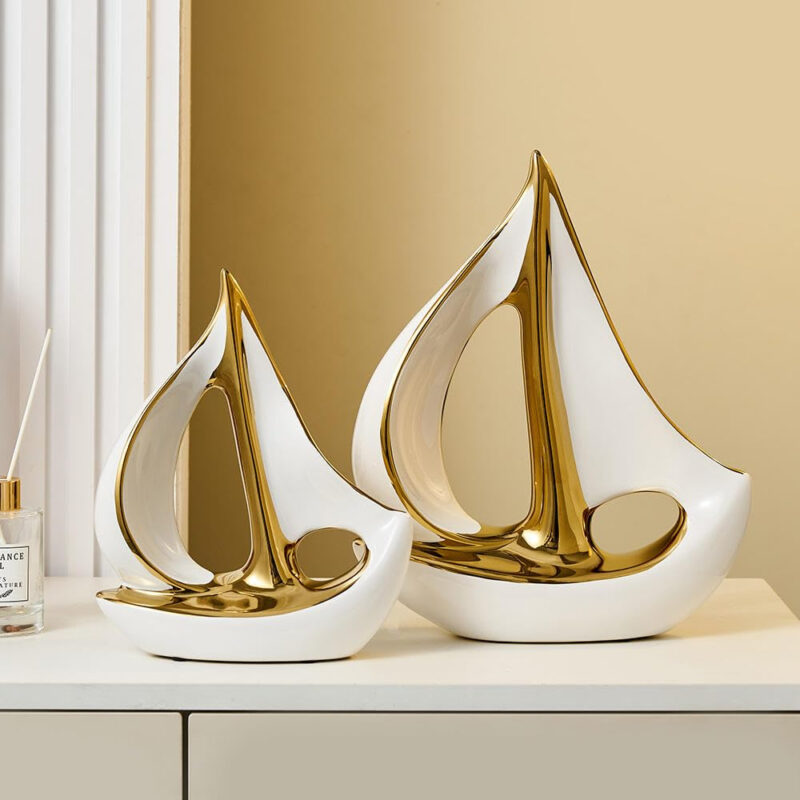 ASW Modern Sailboat Sculpture, White and Gold, Decorative Boat Figurine, 63.5x21.6x78.7 cm - Image 9