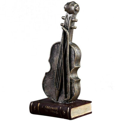 ASW Vintage Violin Sculpture, Resin Decorative Piece on Book Base, 27.5 x 12 x 5 cm, Antique Silver