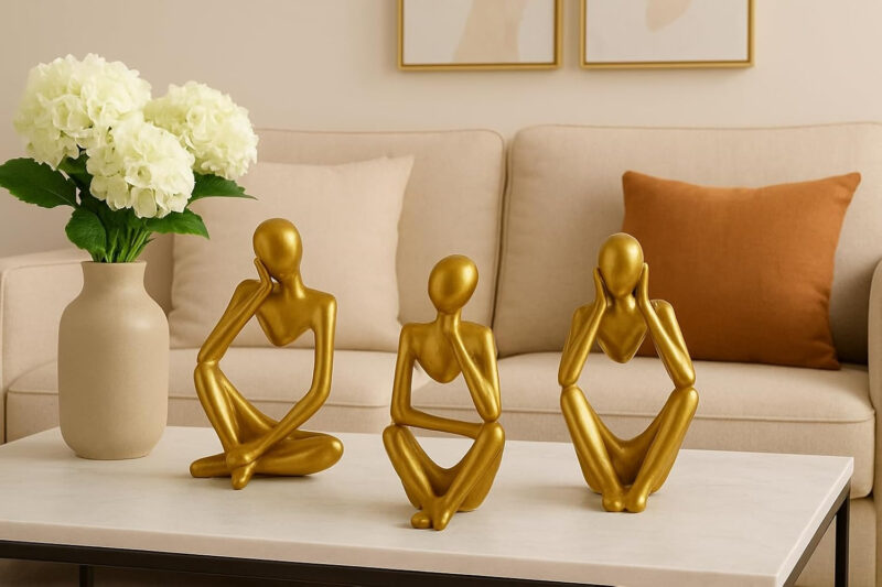 ASW Abstract Thinker Sculpture Set, Gold Resin Decorative Figurines, Contemporary Home Decor, 3-Piece